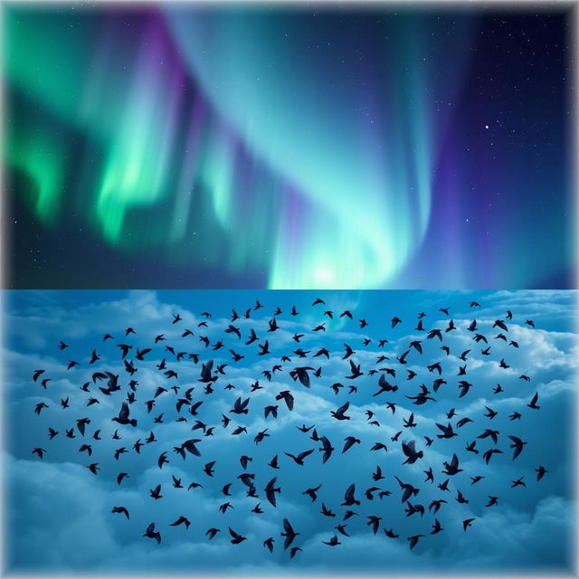 An artwork featuring a split image; the top half showcases the spectacular auroras borealis, displaying vibrant shades of green, purple, and blue lights dancing across a starry night sky