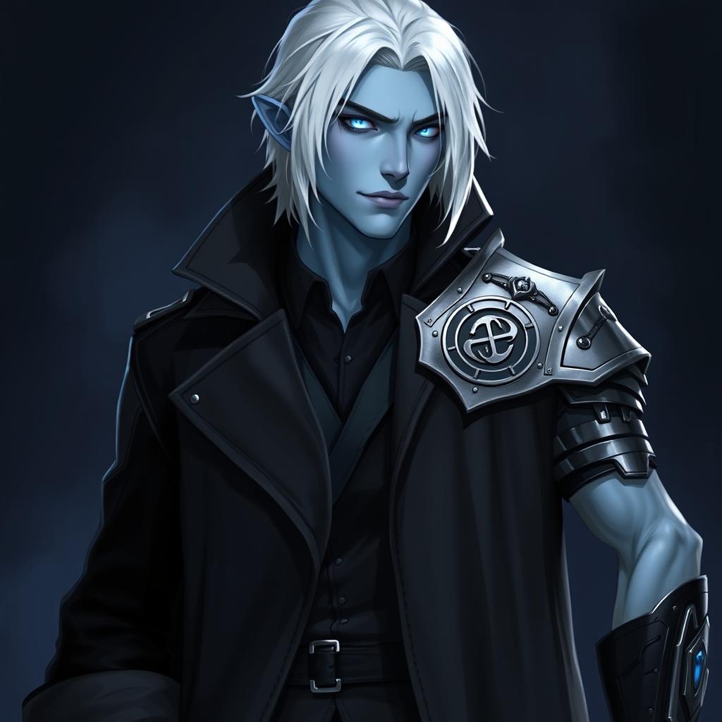 A tall 26-year-old Drow named Jayce Kovacs, featuring medium-length snow-white hair and glowing blue irises that create a striking contrast against his neutral blue skin