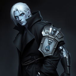 A tall 26-year-old Drow named Jayce Kovacs, featuring medium-length snow-white hair and glowing blue irises that create a striking contrast against his neutral blue skin