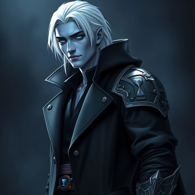 A tall 26-year-old Drow named Jayce Kovacs, featuring medium-length snow-white hair and glowing blue irises that create a striking contrast against his neutral blue skin