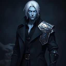 A tall 26-year-old Drow named Jayce Kovacs, featuring medium-length snow-white hair and glowing blue irises that create a striking contrast against his neutral blue skin