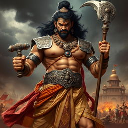 A powerful and imposing representation of Duryodhana from the Indian epic Mahabharata, depicted as a formidable antagonist with a robust physique and an intense expression