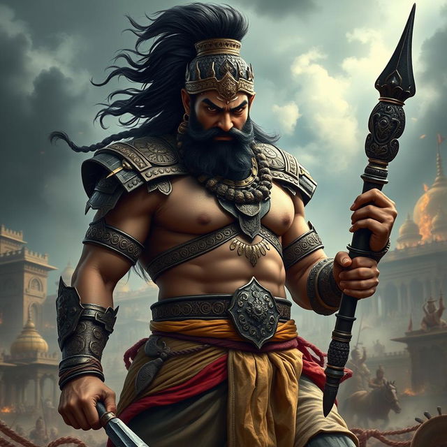 A powerful and imposing representation of Duryodhana from the Indian epic Mahabharata, depicted as a formidable antagonist with a robust physique and an intense expression