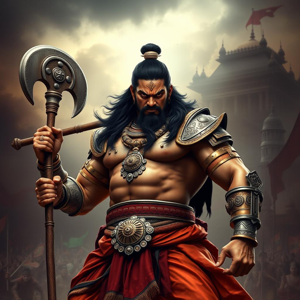 A powerful and imposing representation of Duryodhana from the Indian epic Mahabharata, depicted as a formidable antagonist with a robust physique and an intense expression