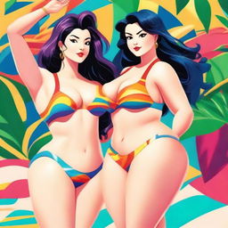 A digital art image showcasing two women, both with voluptuous figures, clad in micro bikinis