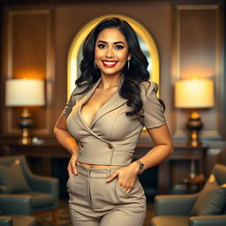 A beautiful and curvaceous 33-year-old woman, a member of the Indonesian parliament, with a large bust and a slender body