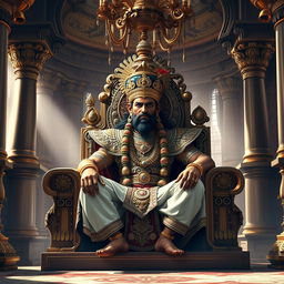 An imposing depiction of Duryodhana seated on a grand throne in a lavish Raj Mahal (royal palace), showcasing his regal stature