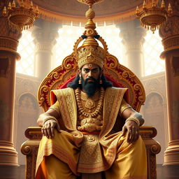 An imposing depiction of Duryodhana seated on a grand throne in a lavish Raj Mahal (royal palace), showcasing his regal stature