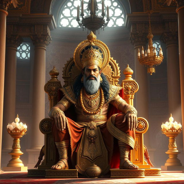 An imposing depiction of Duryodhana seated on a grand throne in a lavish Raj Mahal (royal palace), showcasing his regal stature