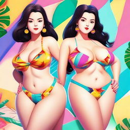 A digital art image showcasing two women, both with voluptuous figures, clad in micro bikinis