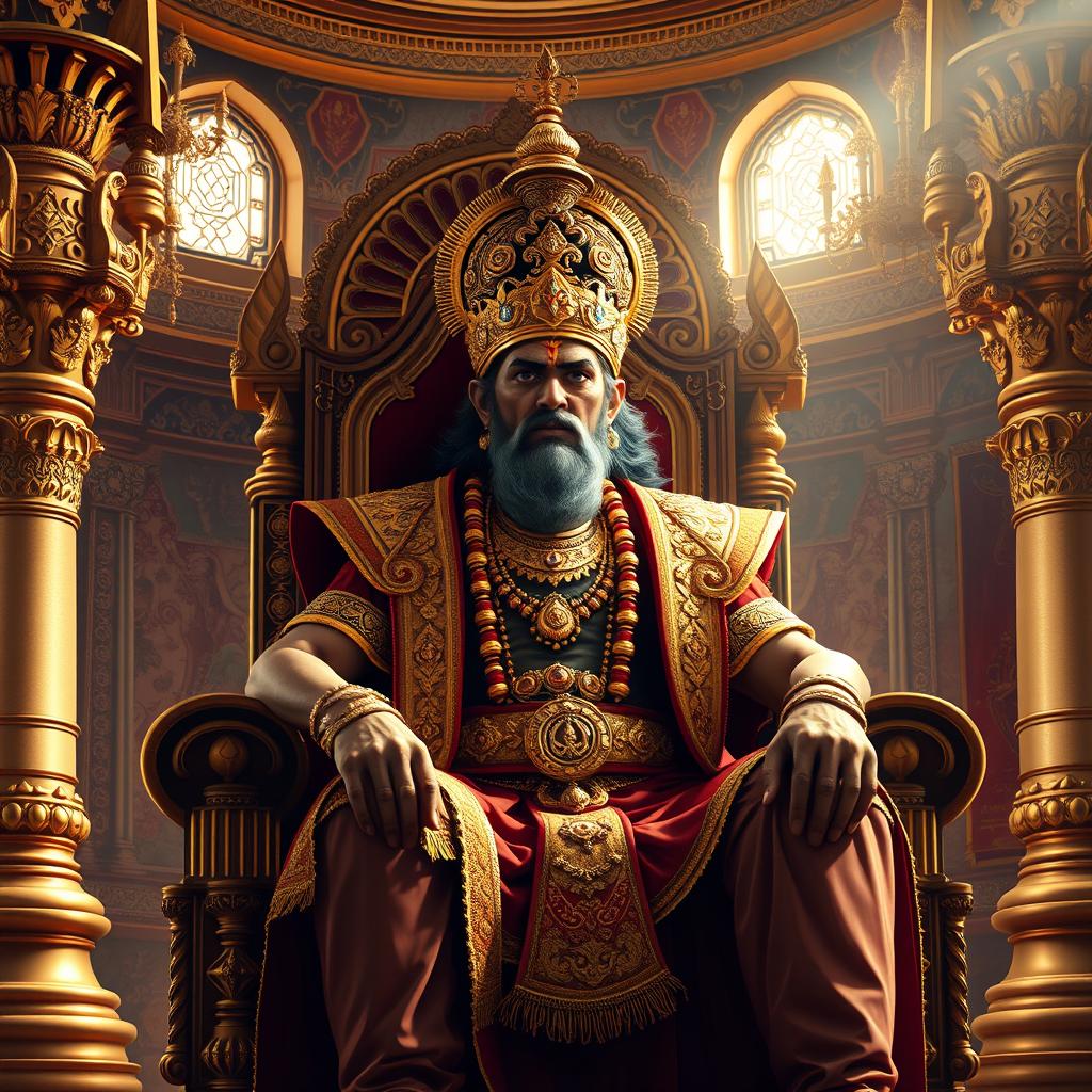 An imposing depiction of Duryodhana seated on a grand throne in a lavish Raj Mahal (royal palace), showcasing his regal stature