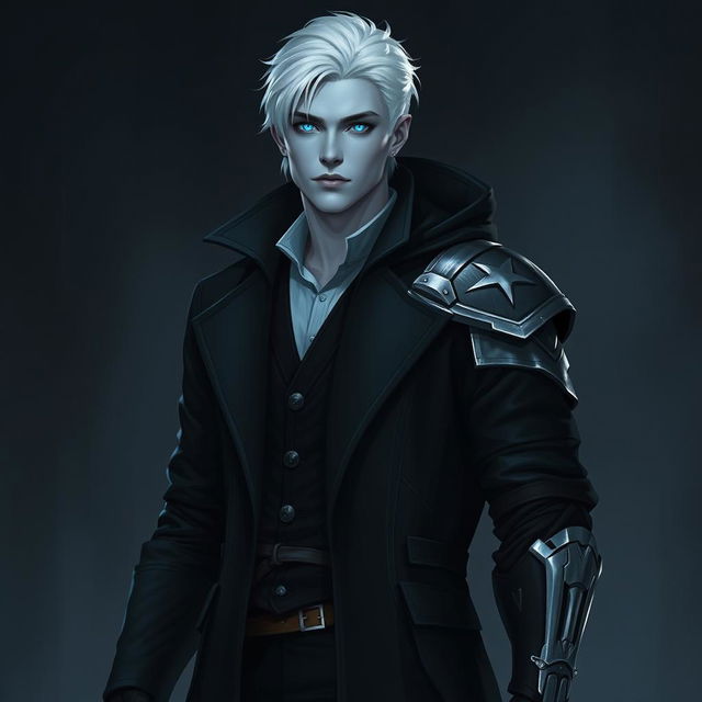 A tall 26-year-old Drow named Jayce Kovacs, characterized by his medium-length snow-white hair and glowing blue irises that stand out against his neutral blue skin