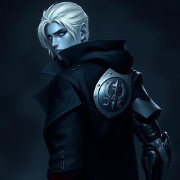 A tall 26-year-old Drow named Jayce Kovacs, characterized by his medium-length snow-white hair and glowing blue irises that stand out against his neutral blue skin