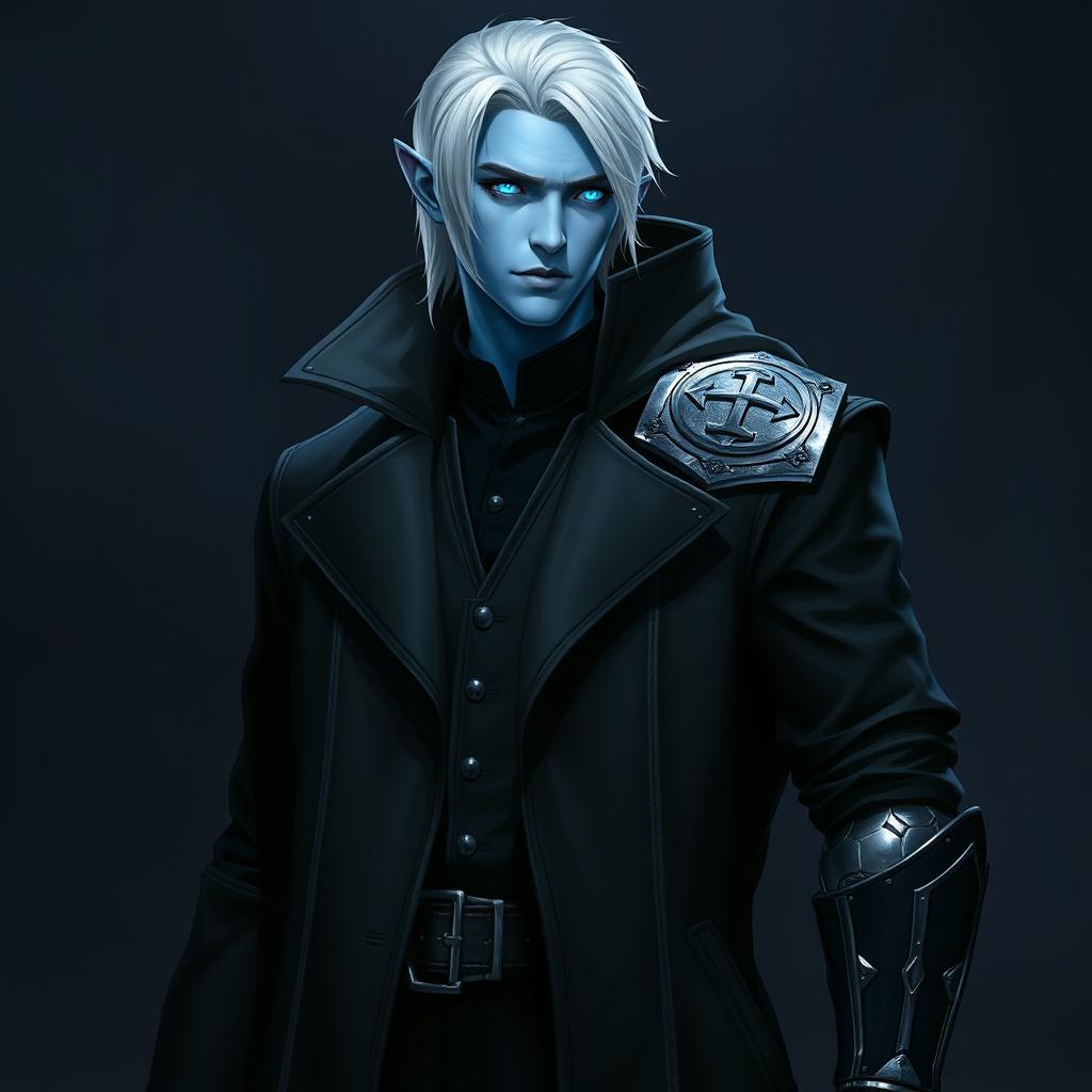 A tall 26-year-old Drow named Jayce Kovacs, characterized by his medium-length snow-white hair and glowing blue irises that stand out against his neutral blue skin