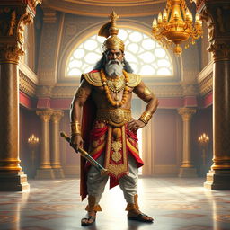 An imposing depiction of Duryodhana standing confidently in a lavish Raj Mahal (royal palace), showcasing his powerful stature