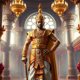 An imposing depiction of Duryodhana standing confidently in a lavish Raj Mahal (royal palace), showcasing his powerful stature
