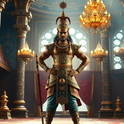 An imposing depiction of Duryodhana standing confidently in a lavish Raj Mahal (royal palace), showcasing his powerful stature