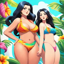 A digital art image showcasing two women, both with voluptuous figures, clad in micro bikinis