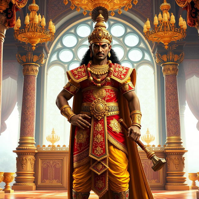 An imposing depiction of Duryodhana standing confidently in a lavish Raj Mahal (royal palace), showcasing his powerful stature