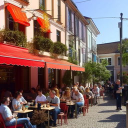 A quaint, bustling cafe exterior on a sunny day, with cozy outdoor seating, brightly colored awnings, and patrons sipping coffee.