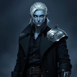 A tall 26-year-old Drow named Jayce Kovacs, characterized by medium-length snow-white hair and striking glowing blue irises that stand out against his neutral blue skin