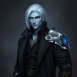 A tall 26-year-old Drow named Jayce Kovacs, characterized by medium-length snow-white hair and striking glowing blue irises that stand out against his neutral blue skin