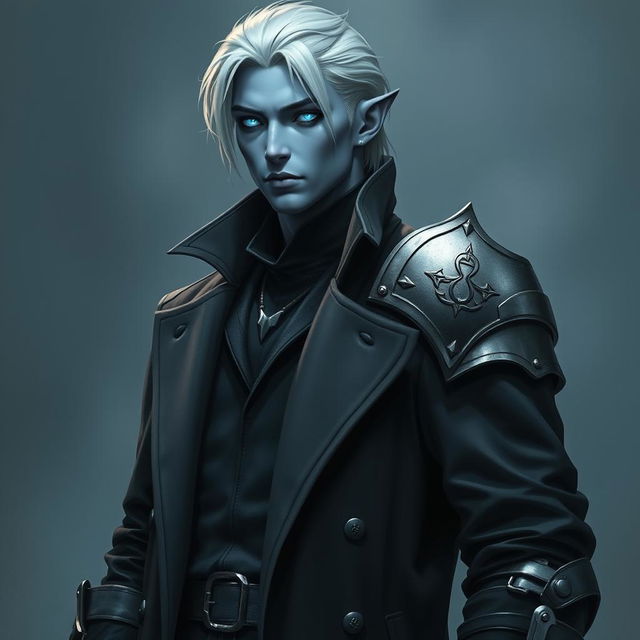 A tall 26-year-old Drow named Jayce Kovacs, characterized by medium-length snow-white hair and striking glowing blue irises that stand out against his neutral blue skin