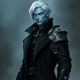 A tall 26-year-old Drow named Jayce Kovacs, characterized by medium-length snow-white hair and striking glowing blue irises that stand out against his neutral blue skin