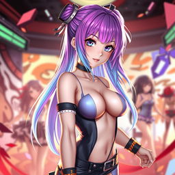A stunning 3D anime character with an alluring presence, featuring vibrant hair and striking eyes