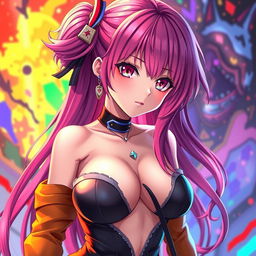 A stunning 3D anime character with an alluring presence, featuring vibrant hair and striking eyes