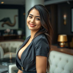 A beautiful, alluring Indonesian woman in her early thirties with an hourglass figure and voluptuous breasts, embodying confidence and charm