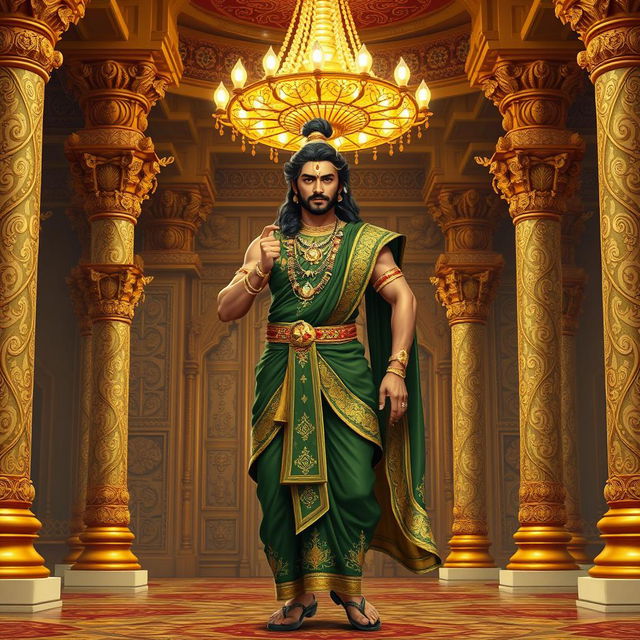 An elegant depiction of Yudhishthira, the eldest of the Pandavas from the Indian epic Mahabharata, standing gracefully in a grand Raj Mahal (royal palace)