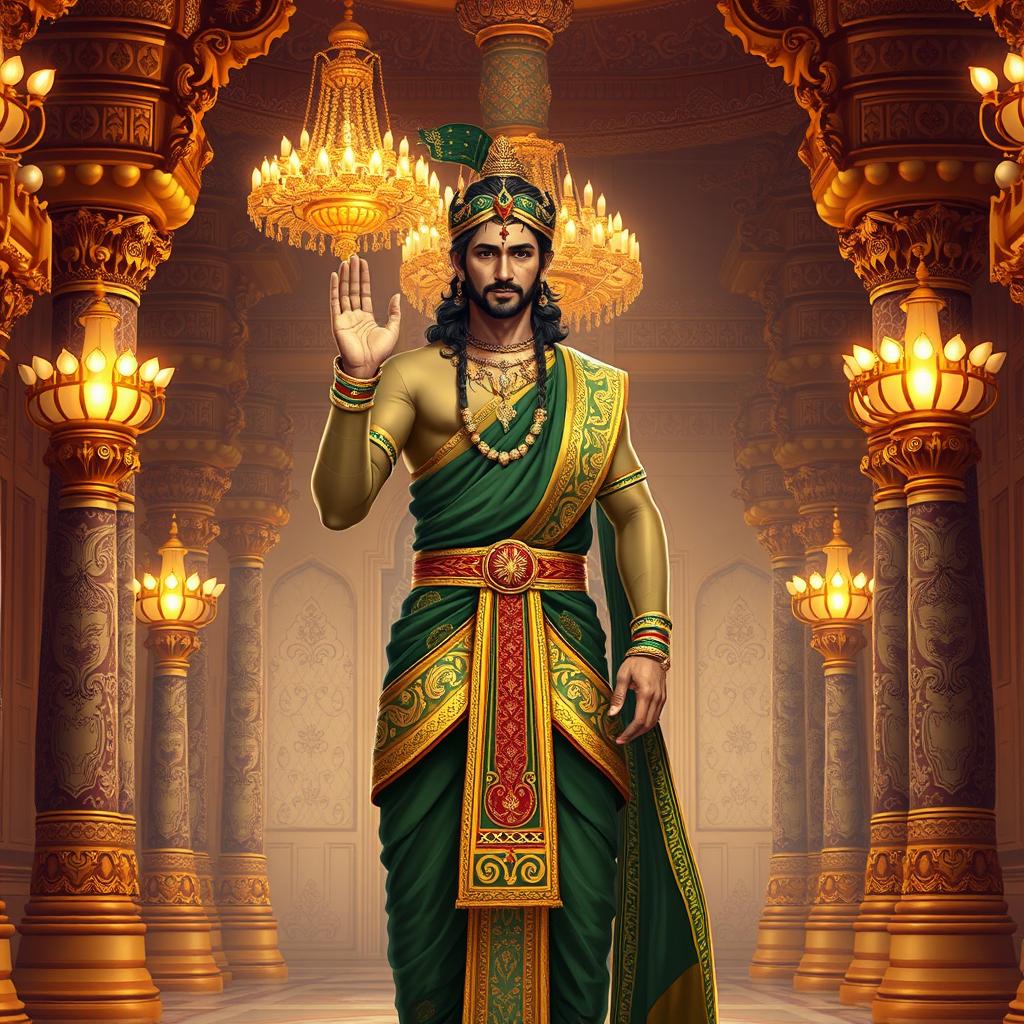 An elegant depiction of Yudhishthira, the eldest of the Pandavas from the Indian epic Mahabharata, standing gracefully in a grand Raj Mahal (royal palace)