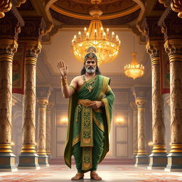 An elegant depiction of Yudhishthira, the eldest of the Pandavas from the Indian epic Mahabharata, standing gracefully in a grand Raj Mahal (royal palace)