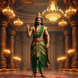 An elegant depiction of Yudhishthira, the eldest of the Pandavas from the Indian epic Mahabharata, standing gracefully in a grand Raj Mahal (royal palace)