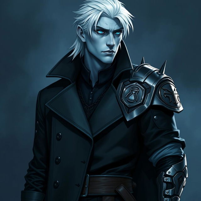 A tall 26-year-old Drow named Jayce Kovacs, depicted with medium-length snow-white hair and striking glowing blue irises that create a vivid contrast against his neutral blue skin