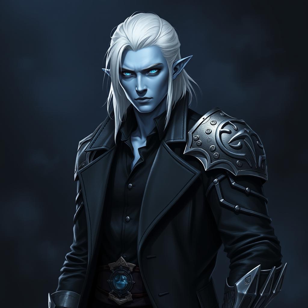 A tall 26-year-old Drow named Jayce Kovacs, depicted with medium-length snow-white hair and striking glowing blue irises that create a vivid contrast against his neutral blue skin