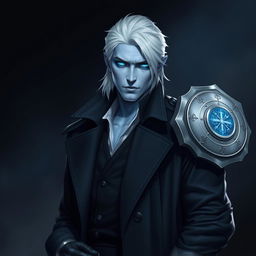A tall 26-year-old Drow named Jayce Kovacs, depicted with medium-length snow-white hair and striking glowing blue irises that create a vivid contrast against his neutral blue skin