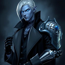 A tall 26-year-old Drow named Jayce Kovacs, depicted with medium-length snow-white hair and striking glowing blue irises that create a vivid contrast against his neutral blue skin