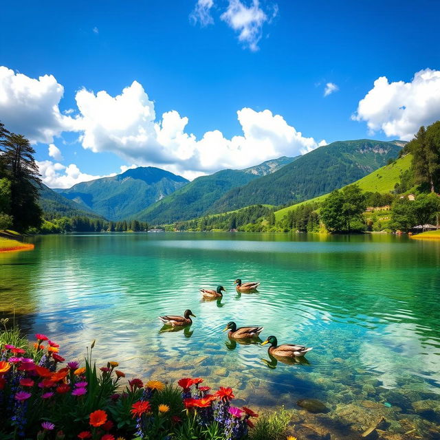 A serene and vibrant landscape showcasing the beauty of nature, featuring lush green mountains in the background, a clear blue sky, and fluffy white clouds