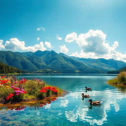 A serene and vibrant landscape showcasing the beauty of nature, featuring lush green mountains in the background, a clear blue sky, and fluffy white clouds