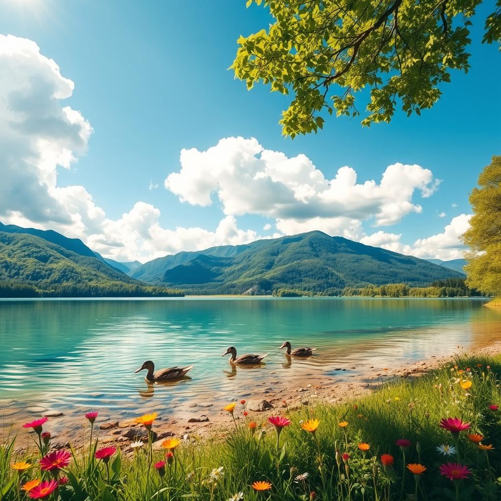 A serene and vibrant landscape showcasing the beauty of nature, featuring lush green mountains in the background, a clear blue sky, and fluffy white clouds