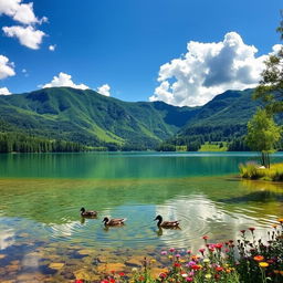 A serene and vibrant landscape showcasing the beauty of nature, featuring lush green mountains in the background, a clear blue sky, and fluffy white clouds