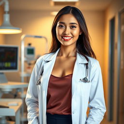 A stunning, attractive Indonesian woman in her early thirties with a slim, hourglass figure and prominent breasts, dressed in a stylish doctor's coat over professional attire