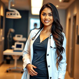 A stunning, attractive Indonesian woman in her early thirties with a slim, hourglass figure and prominent breasts, dressed in a stylish doctor's coat over professional attire