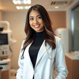 A gorgeous Indonesian woman in her early thirties with a slim, curvy figure and large breasts, dressed professionally in a stylish doctor's coat over chic attire