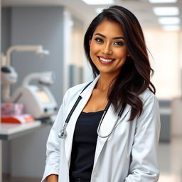 A gorgeous Indonesian woman in her early thirties with a slim, curvy figure and large breasts, dressed professionally in a stylish doctor's coat over chic attire