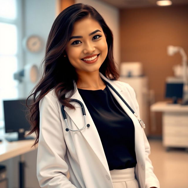A gorgeous Indonesian woman in her early thirties with a slim, curvy figure and large breasts, dressed professionally in a stylish doctor's coat over chic attire