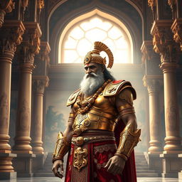 A dignified depiction of Bhishma, the revered elder of the Kuru dynasty, standing in a grand Raj Mahal (royal palace)
