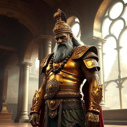 A dignified depiction of Bhishma, the revered elder of the Kuru dynasty, standing in a grand Raj Mahal (royal palace)